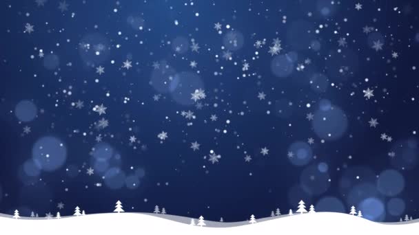 Zimowy Krajobraz Choinkami Spadającymi Płatkami Śniegu Rysunek Animowany Niebieski Wygaszacz — Wideo stockowe