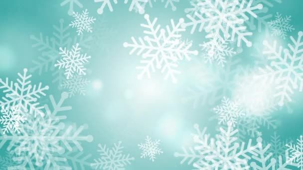 Dekorative Abstrakte Winter Türkisfarbenen Hintergrund Mit Rotierenden Weißen Schneeflocken Kopierraum — Stockvideo