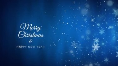 Mavi arka planda beyaz kar taneleri olan Noel tebrik kartı. Döngülü animasyon. Mutlu Noeller ve yeni yıl mesajı.