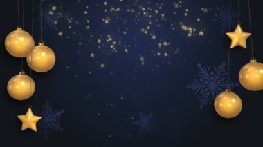 Parlak altın kar taneleri, yıldızlar ve toplarla dolu bir Noel masmavi arka planı. Mutlu Noeller tebrik kartı. Noel tatili ve yeni yıl posteri. Döngü canlandırması.