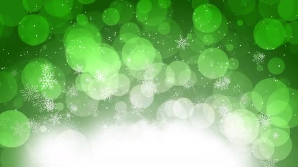明るい緑色のスクリーンセーバー 飛行円と雪片 明るい白い光で新年の休日のアニメーション ループモーショングラフィックス — ストック動画