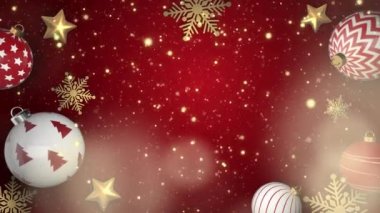 Noel ağacı süslemeleri, toplar, kırmızı renkli arka planda altın yıldızlar kar taneleri ve parlak bokeh. Döngülü hareket grafikleri. Metin için yer.