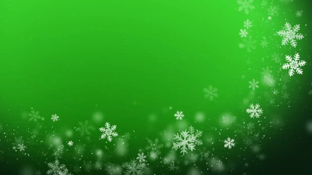 Εορταστική Πρωτοχρονιά Πράσινο Φόντο Καμπύλο Πλαίσιο Από Λευκές Ιπτάμενες Νιφάδες — Αρχείο Βίντεο
