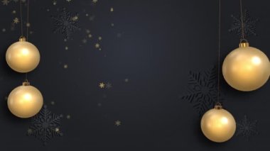 Koyu gri arka planda parlak kar taneleri olan gerçekçi Noel altın topları. Tebrik kartı için alanı kopyala. Döngü canlandırması.