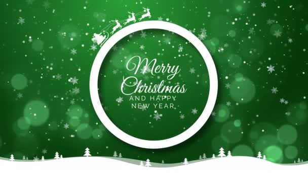 メリークリスマスとハッピーな新年 クリスマスツリー スノーフレーク サンタクロースで飾られた緑の円の冬の風景 紙アートループアニメーション — ストック動画