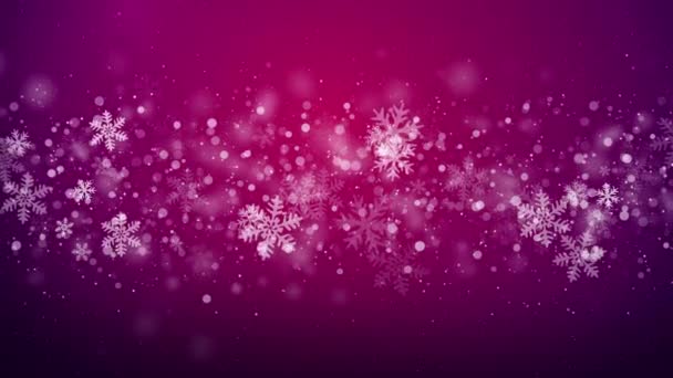 紫色背景上美丽的雪花 冬季灰尘结冰颗粒 雪天白环画动画 — 图库视频影像
