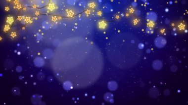 Üzerinde altın yıldızlı çelenk asılı olan soyut Noel mavisi arka plan. Parçacık ve bokeh. Döngü hareketi grafiği. Kış ekran koruyucu. Boşluğu kopyala.