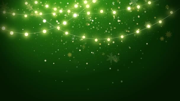 クリスマスアニメーショングリーティングカード ストリングライトの背景と金粒子 スノーフレーク 冬のモーショングラフィックをループします コピースペース — ストック動画