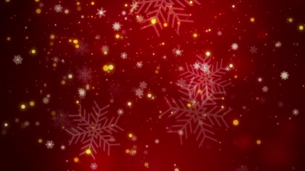 황금빛 반짝이의 반짝이와 눈송이의 산란과 빨간색 배경입니다 입자의 갤럭시 크리스마스 — 비디오
