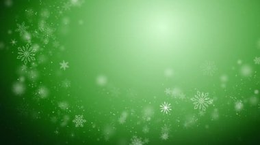 Parlak yeşil bir Noel arkaplan animasyonunun dibinde beyaz renkli kar ve kar taneleri. Boşluğu kopyala.