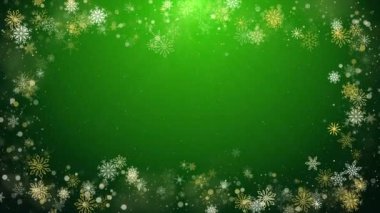 Yeşil kış animasyon arka planında altın kar taneleri sınırı. Noel dekorasyon döngüsü ekran koruyucu. Boşluğu kopyala.