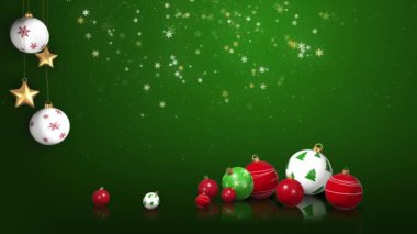 Yılbaşı baloları, konfetiler, kar taneleri ve yıldızların olduğu yeşil bir Noel animasyonu. Tatil geçmişi ve şenlikli dekorasyonlar. Noel ve yeni yıl 3D sahnesi. Döngü hareketi grafiği.