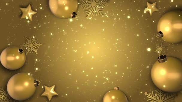 Рождественское Приглашение Яркими Золотыми Шариками Звездами Снежинками Покрытые Золотом Стеклянные — стоковое видео