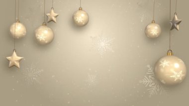 Altın kar taneleri olan bir Noel çerçevesi, bej arka planda top ve yıldız. 3B kış döngüsü canlandırması.
