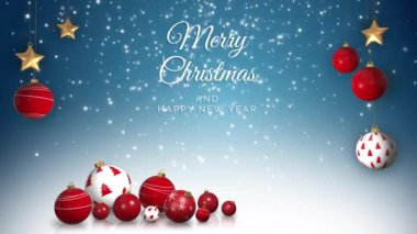 Mavi arka planda altın yıldızlı bir ipten sarkan kızgın noel topları. Beyaz kar taneleri. Mutlu Noeller ve mutlu yıllar tebrik kartı. Döngü canlandırması.
