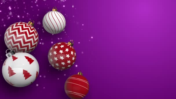 Heldere Rode Kerstballen Cartoon Stijl Feestelijke Abstracte Paarse Achtergrond Met — Stockvideo