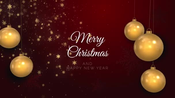 Веселого Рождества Нового Года Красном Фоне Украшением Золотым Шаром Падающие — стоковое видео