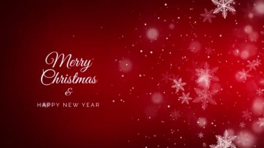 Noel 'i ve mutlu yıllar beyaz kar taneleri ve parçacıklarla kırmızı arka plan şablonlarını kutlayın. Döngü hareketi grafiği.