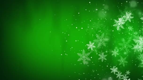 Weihnachten Animation Bokeh Schneeflocken Grünen Hintergrund Schleifenbewegungsgrafik Mit Teilchen — Stockvideo