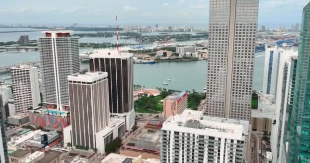 Вид Сверху Небоскребы Центре Майами Заливе Портом Круизными Судами Атлантическом — стоковое видео