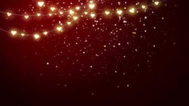 Kırmızı aşk soyut döngü arka planda parlayan kalp çelenkleriyle. Parlak parçacıklar uçuyor. Sevgililer Günü.