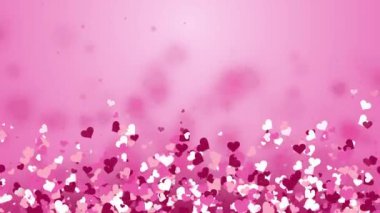 Renkli konfeti aşk kalpleri pembe bulanık, romantik bir düğün geçmişinde uçar. Döngülü hareket grafikleri. Boşluğu kopyala.
