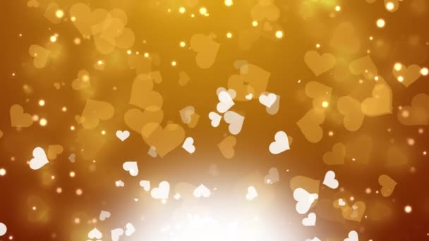 ハートの装飾要素が付いている黄色い背景 空飛ぶ粒子の形の抽象的なロマンチックな愛アニメーション お祝いの結婚式のグラフィックのループ動き — ストック動画