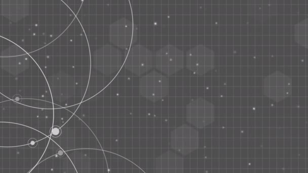 グレーサークルドットループパターン 円の中の原子の動きのアニメーション ヘキサゴンのグリッド — ストック動画
