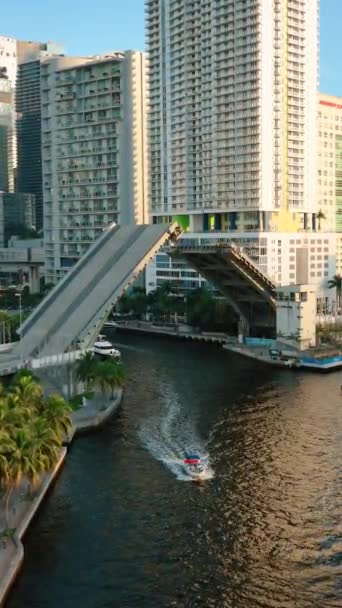 ブリッケル地区のダウンタウンにあるマイアミ川入口を巡航するボート バーティカルビデオ — ストック動画