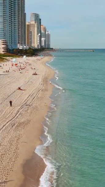 ドローンビデオサニーアイレスビーチフロリダ ハウルオーバーヌードビーチの横からホテルを一望できます 大西洋の海岸 バーティカルビデオ — ストック動画