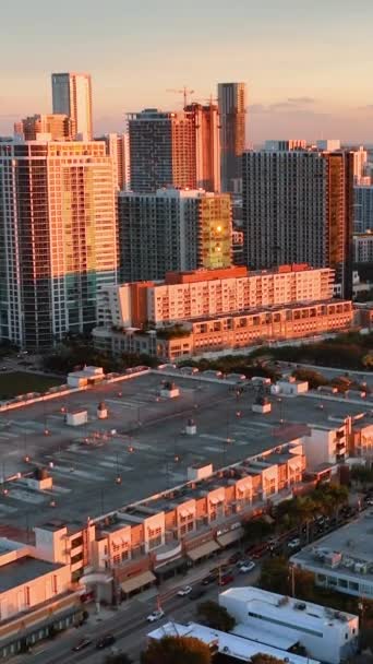 マイアミ フロリダ州のダウンタウンの航空写真 日没のオレンジ色の光の夜の街 空からの眺め バーティカルビデオ ゴールデンアワー — ストック動画
