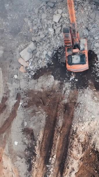 Aerial View Excavator Construction Site Destroys Old Multi Storey Building — Stock Video