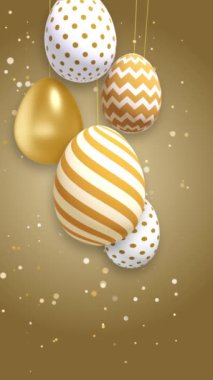 İplerde desenleri olan altın Paskalya yumurtaları. Sarı arka planda parlak altın parçacıkları. Hristiyan bayram animasyonu. Dikey video.