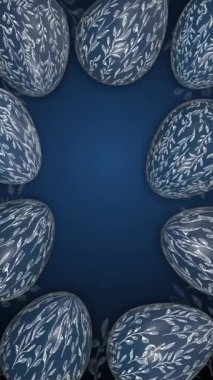 Boyalı desenli mavi Paskalya yumurtaları. Animasyon tatil bahar arkaplanı. Paskalya 'da Hıristiyan dini bayramı. Metin için boş kopyalama alanı. Dikey video.