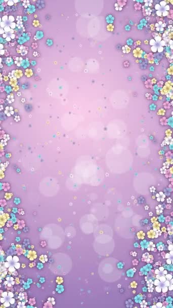 粉色抽象背景上的小春彩花 循环假日动画 彩色阴影下的花卉屏保程序 垂直录像 — 图库视频影像