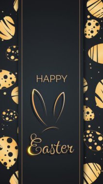 Mutlu Paskalya mektupları. Paskalya tavşanı kulak altın sembolü. Dekorlu siyah arkaplan üzerinde döngü ekran koruyucusu. Dikey video.