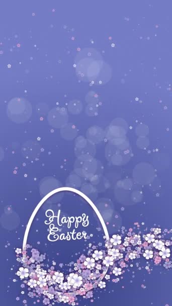 快乐的复活节旗帜 蓝色背景上有鸡蛋和小春花的形状 循环假日动画 复制空间 垂直录像 — 图库视频影像