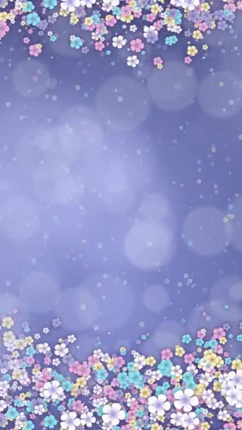 蓝色抽象背景上的小春彩花 带有Bokeh 循环假日动画 植物快乐的复活节动画 垂直录像 — 图库视频影像