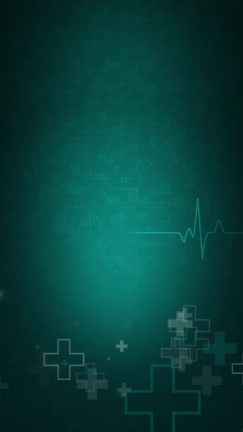 ダークグリーンの抽象的な背景に心臓の形を打つアニメーションの心臓図 病院が交差する 医療のバックグラウンド バーティカルビデオ — ストック動画