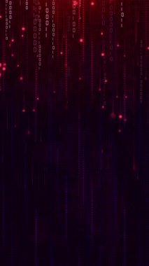 Hareket numaraları ikili kod ve koyu kırmızı zemin üzerinde parlayan parçacıklar. Noktalar ve piksel çizgileri halinde. Dijital veri ağı. Döngülü animasyon. Dikey video.