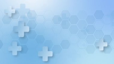 Mavi tıbbi arka planda elektrik animasyon altıgenli beyaz haçlar ve altıgenler. Döngü hareketi grafiği.