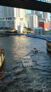 Miami, Florida, ABD - 05 Ocak 2024: Miami şehir merkezindeki Miami Nehri 'nde gün batımında otoban köprüsünün altında motorlu botlar denize açılıyor. Dikey video.