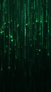 Dijital veri ağı ikili kodu. Koyu yeşil zemin üzerinde parlayan parçacıkların ve sayıların hareketi. Döngülü dikey video.