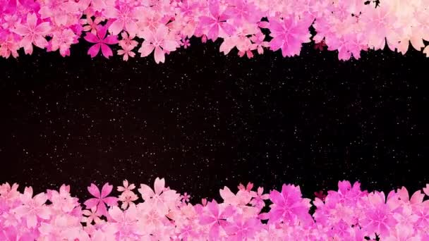 Pozioma Kwiatowa Animowana Ramka Różowe Kwiaty Czarnym Tle Latającymi Świecącymi — Wideo stockowe