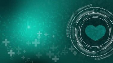 Metin için alanı olan yeşil tıbbi altyapı. İnsan Kaynakları 'ndaki sağlık hizmetlerinin canlandırılmış sembolleri. Döngülü hareket grafikleri.