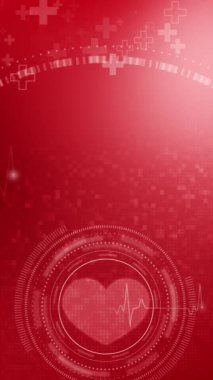 Pikselleri ve tıbbi haçları olan soyut kırmızı döngü arka planında kalp ikonu animasyonu. Hastane sağlık hizmetleri sembolleri. Dikey video. Boşluğu kopyala.