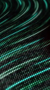 Yeşil noktalı ışık çizgileri ve soyut kodlu ikili kodlar. Parlak kıvrımlı çizgiler. Döngülü animasyon. Dikey video.