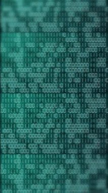 İkili kodu değiştirilmiş elektronik ekran. Yanıp sönen noktalar ve piksellerle yeşil bilgisayar ekranı. Dikey video.