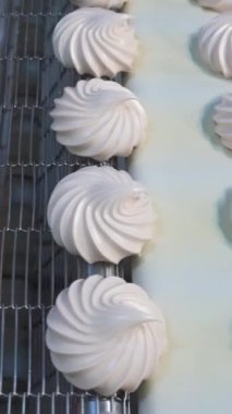 Şekerleme fabrikasındaki otomatik taşıma bandında beyaz, tatlı şekerlemeler hareket ediyor. Şeker üretimi. Metal mekanizması. Dikey video.