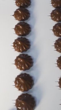 Siyah çikolatayla kaplı taze marşmelov. Bitmiş ürünlerle birlikte taşıma bandının hareketi. Yiyecek fabrikasında şeker üretimi. Dikey video.